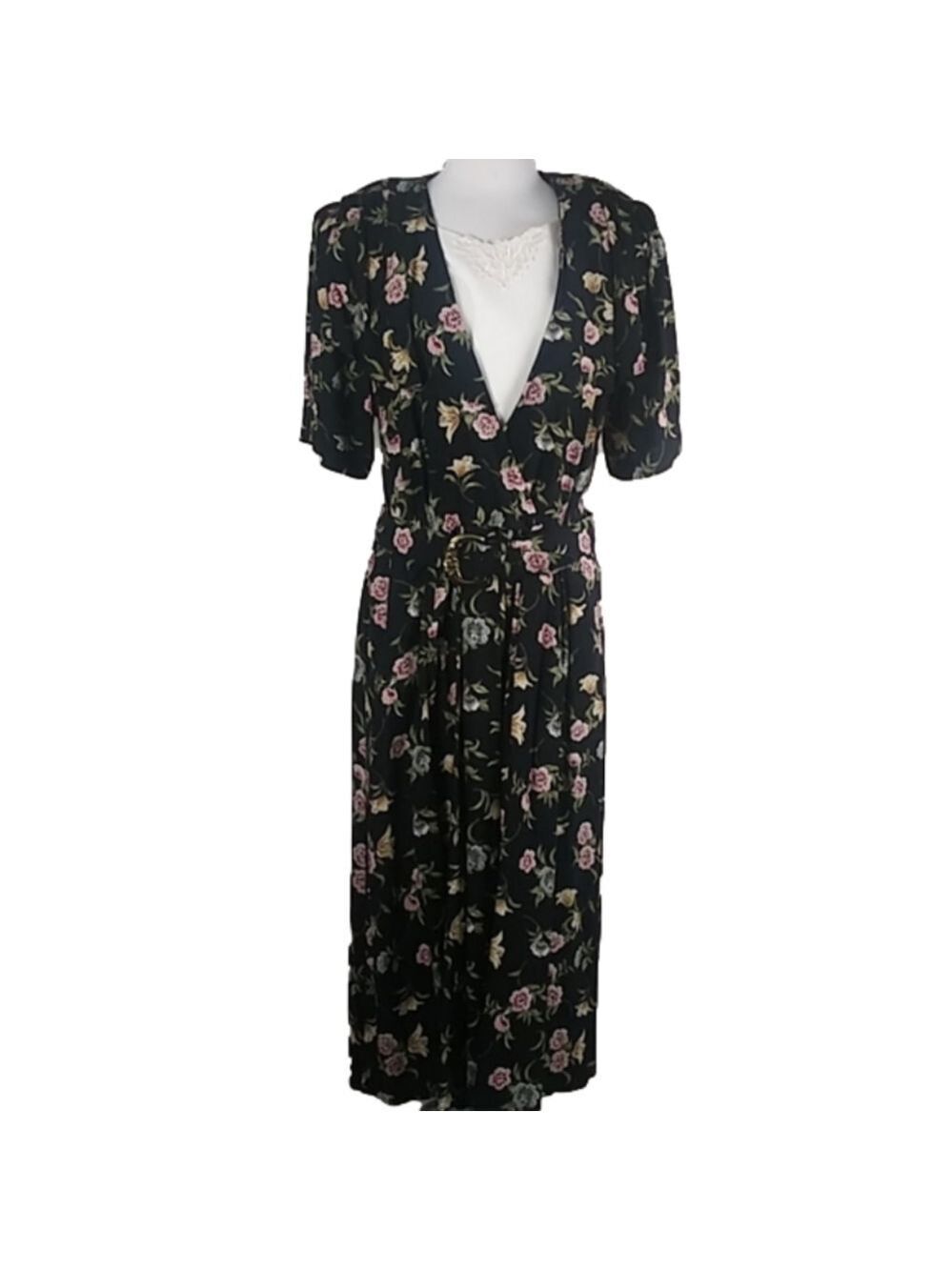 S.L. Fashions Vintage Black Multicolor Floral Short Sleeve Prairie Maxi Dress
